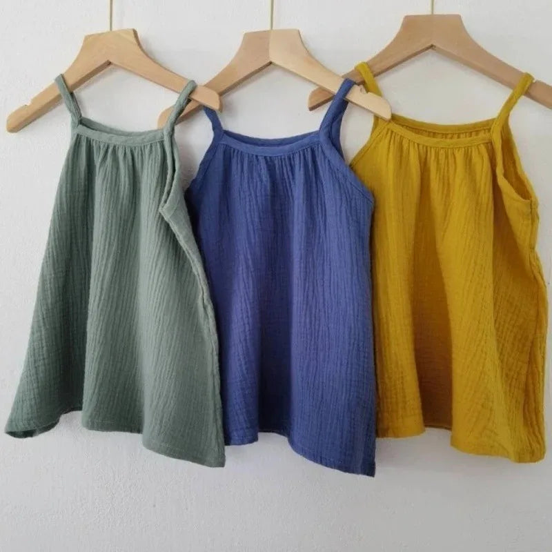 0-12M Baby Girls Summer Cotton Muslin Suspender Dress Solid Color Sleeveless Loose Casual Princess Dress For Newborn Girls
