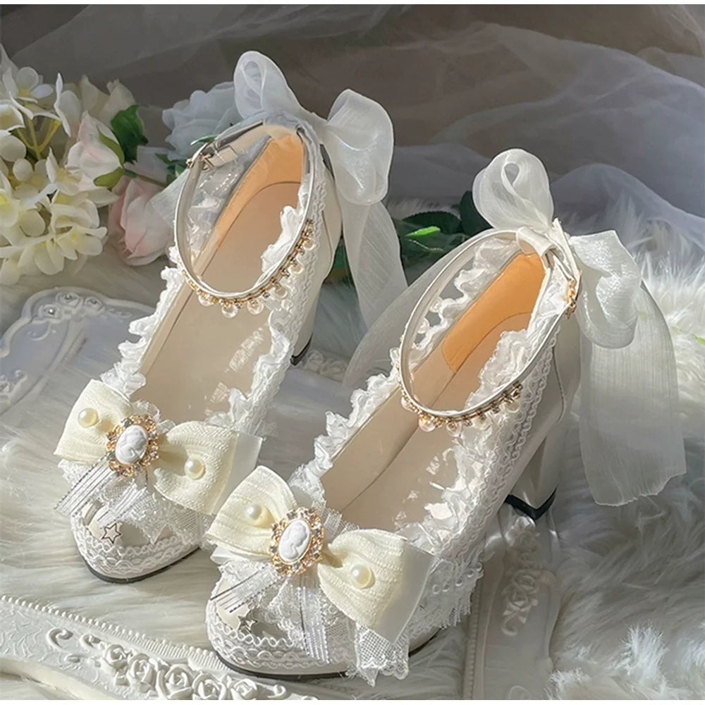 Lolita Original Handmade Lo Shoes Thick Heels Round Head High Heels Japanese Sweet Princess Girl Loli Tea Party Single Shoes