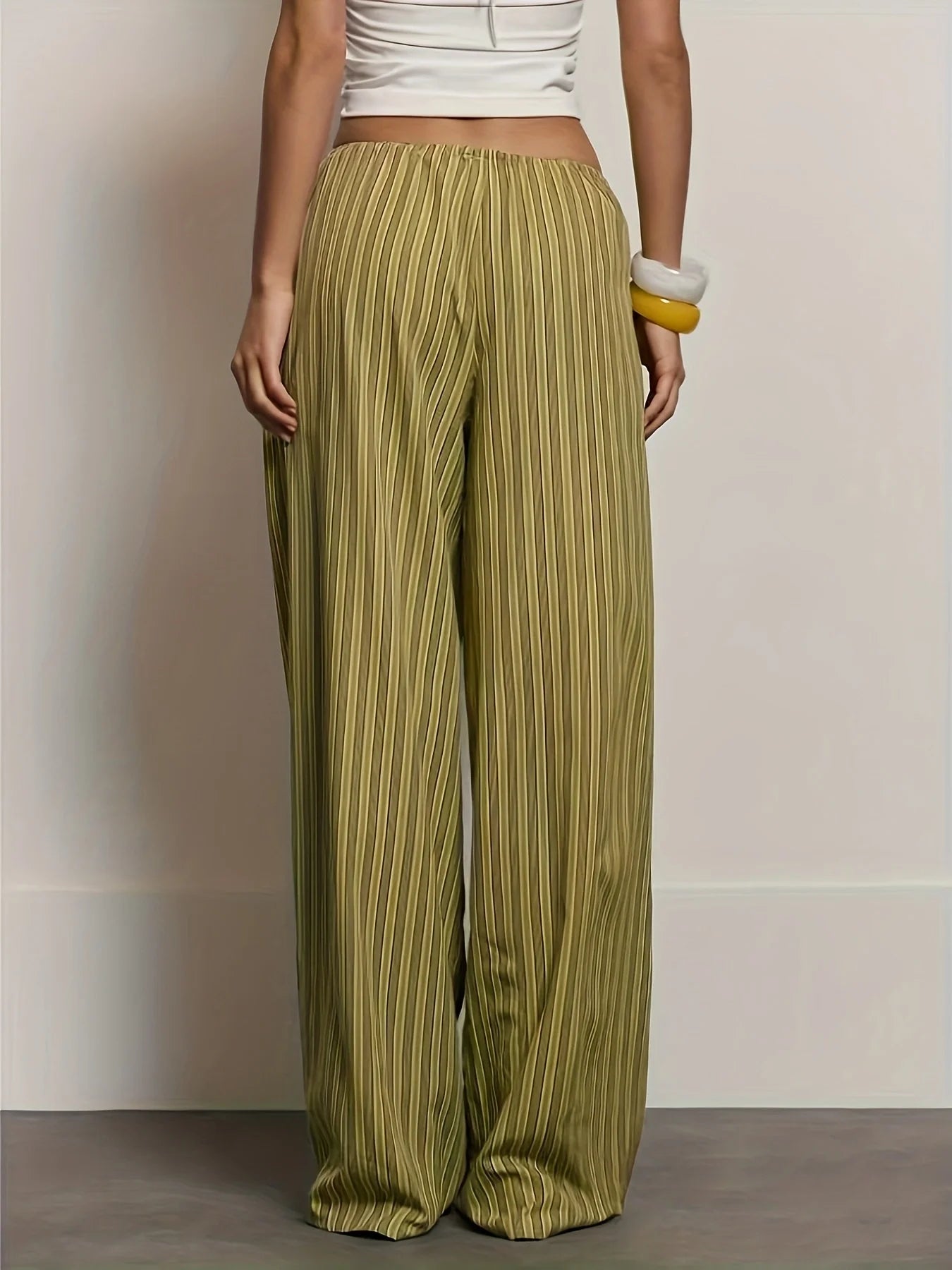 Women's Green Striped Wide-Leg Pants, New Summer Arrival, Drawstring Elastic Waist, Draping Casual Trousers, Lazy Style Floor-Le