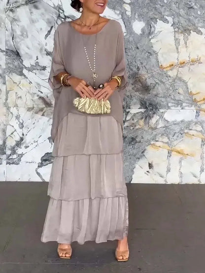 Fashion New Chiffon Printing Mesh Bat Sleeve O Neck Long Women's Dresses Summer Casual Loose Elegant Female Holiday Beach Dress