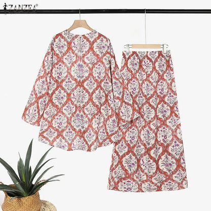ZANZEA Women Bohemain Long Sleeve Blouse Dress Sets Fashion Muslim 2 Piece Sets Floral Printed Outfits Dubai Hijab Tracksuit