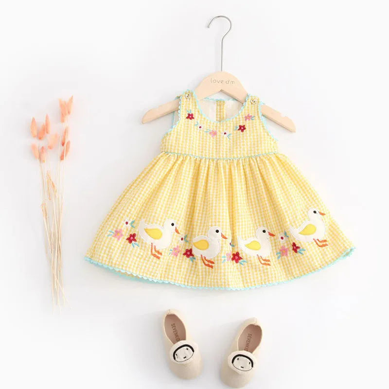 2026 Summer Toddler Baby Girls Tank Top Dresses 1-6Y Kid's Cartoon Ducklings Vest Dress Embroidered Floral Plaid Girls Outwear