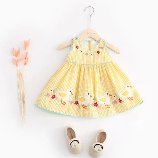 2026 Summer Toddler Baby Girls Tank Top Dresses 1-6Y Kid's Cartoon Ducklings Vest Dress Embroidered Floral Plaid Girls Outwear
