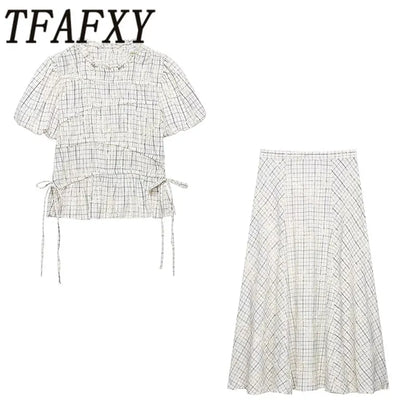 TFAFXY 2026 Summer Bow Plaid Embroidered Blouse Women Sets A-line Midi Long Skirt Suits Y2K