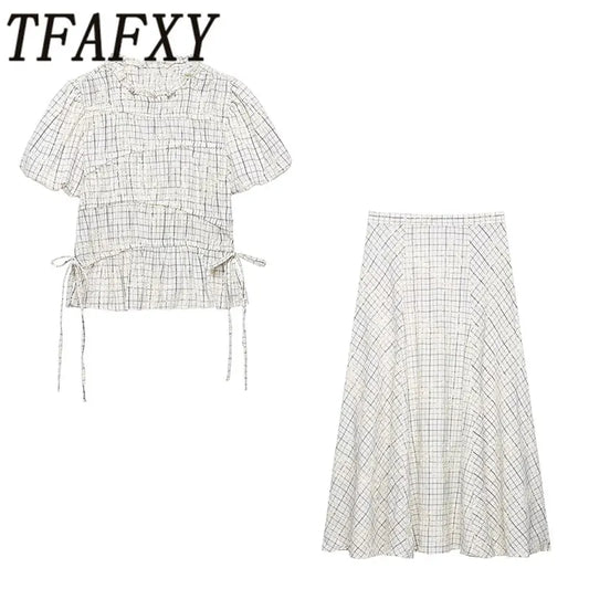 TFAFXY 2026 Summer Bow Plaid Embroidered Blouse Women Sets A-line Midi Long Skirt Suits Y2K