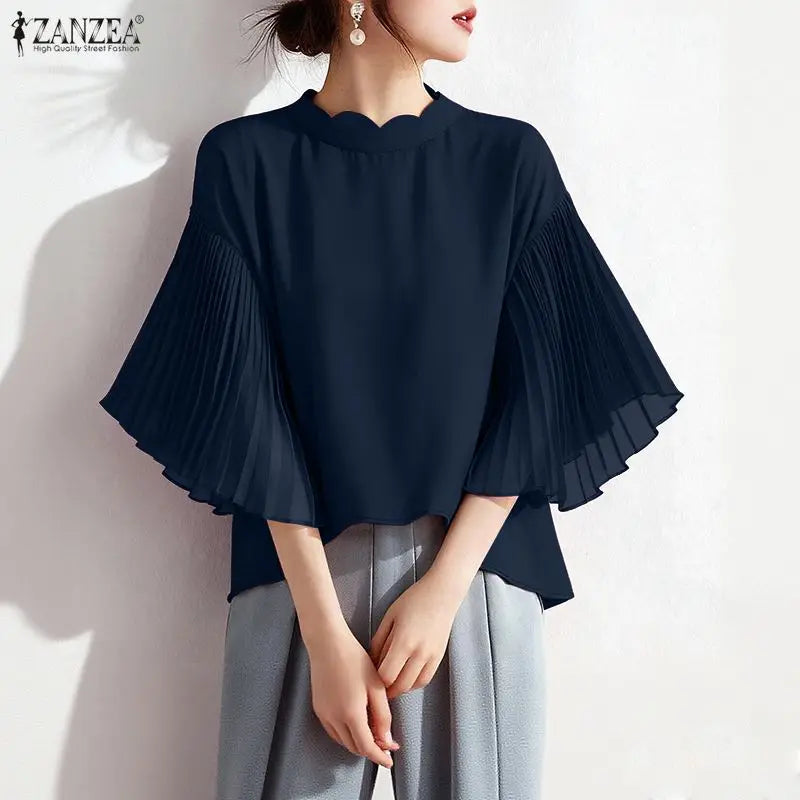 ZANZEA Elegant Women's High-Low Blouses Scalloped Mock Neck Pleated Flare Sleeves Solid Color Tops 2026 Summer Woman Clothes 3XL