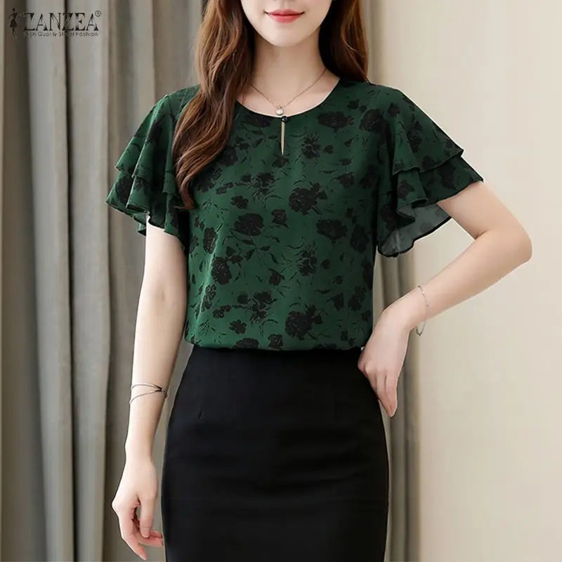 ZANZEA Summer Short Sleeve Tops Fashion Ruffles Women Blouses Floral Print Blouse Tee Streetwear OL Work Party Blusas Tunic 3XL