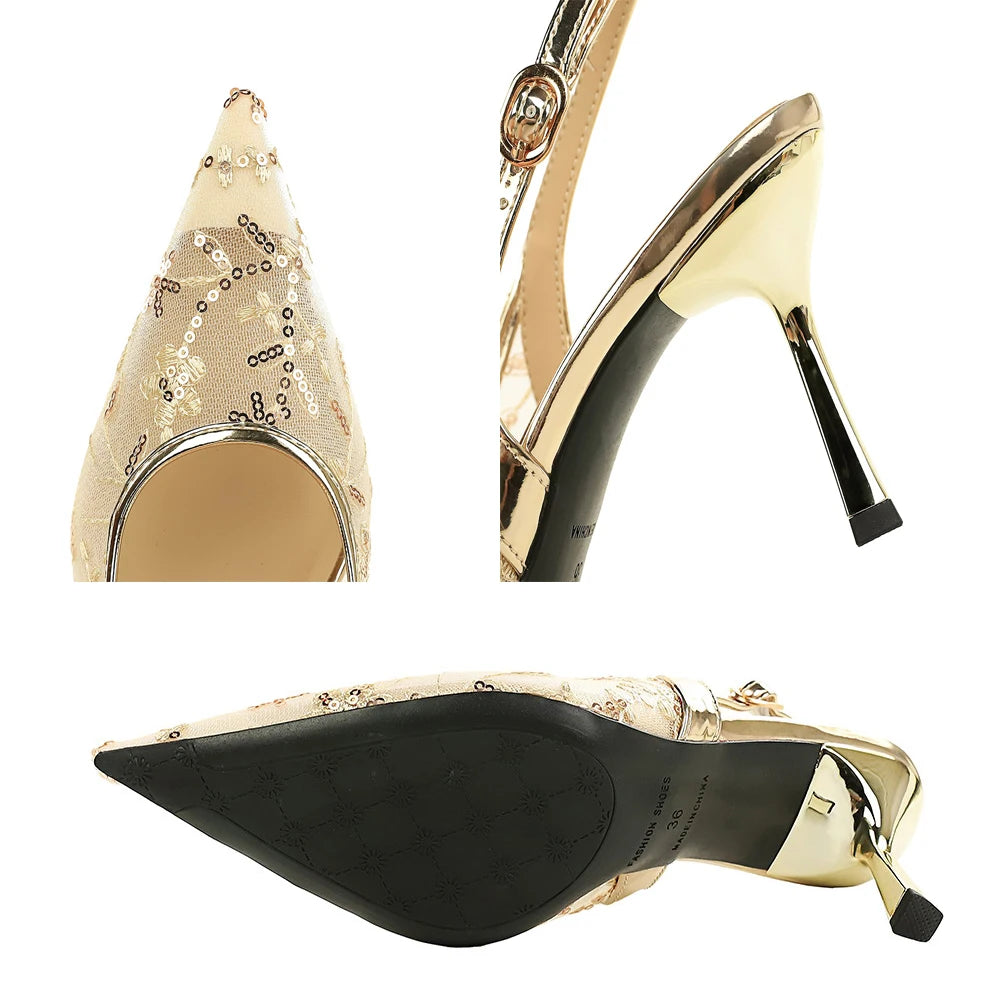 Luxury Women 8 Cm Heels Sandals Women Pumps Lace Mesh High Heels Sequin Stiletto Sexy Party Shoes Summer Ladies Sandals Fashion