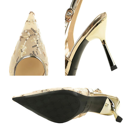 Luxury Women 8 Cm Heels Sandals Women Pumps Lace Mesh High Heels Sequin Stiletto Sexy Party Shoes Summer Ladies Sandals Fashion