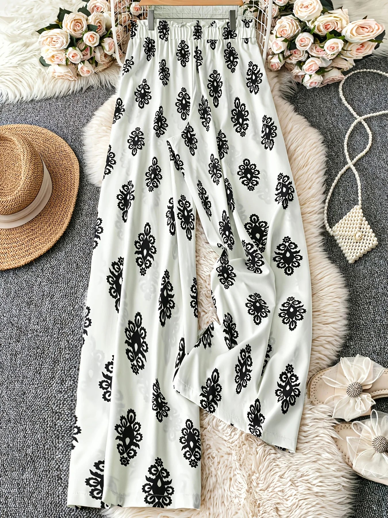 Women's Oversized Woven Casual Pants Comfortable Loose Fit High Waist Straight Leg Trousers