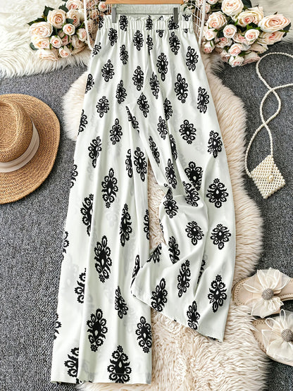 Women's Oversized Woven Casual Pants Comfortable Loose Fit High Waist Straight Leg Trousers