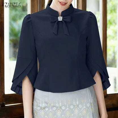 ZANZEA Women's Elegant Bow Tie Blouses Classy 3/4 Petal Sleeves Mandarin Collar Princess Seams Back Zipper Tops Woman Clothes