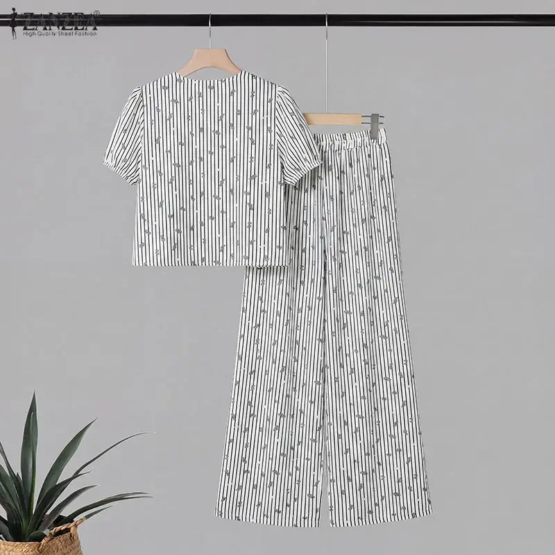ZANZEA Women Striped 2 Piece Matching Pant Sets Layered Ruffles Lace Trim Short Blouses & Wide Leg Pants Suits Casual Outfits