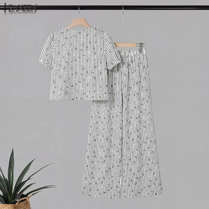ZANZEA Women Striped 2 Piece Matching Pant Sets Layered Ruffles Lace Trim Short Blouses & Wide Leg Pants Suits Casual Outfits