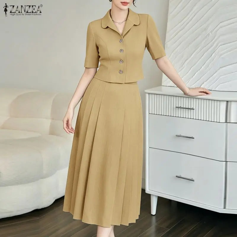 Elegant Women OL Work Dress Sets 2026 ZANZEA Summer Outfits Lapel Short Sleeve Cropped Blouse Pleated Skirt Suit 2 Pieces Sets