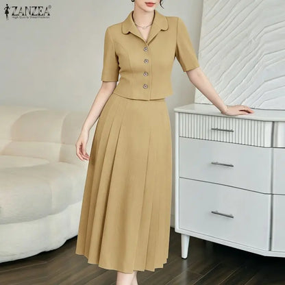 Elegant Women OL Work Dress Sets 2026 ZANZEA Summer Outfits Lapel Short Sleeve Cropped Blouse Pleated Skirt Suit 2 Pieces Sets