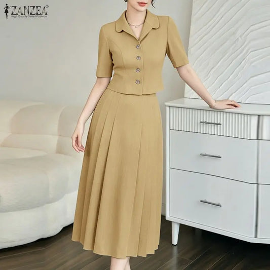 Elegant Women OL Work Dress Sets 2026 ZANZEA Summer Outfits Lapel Short Sleeve Cropped Blouse Pleated Skirt Suit 2 Pieces Sets