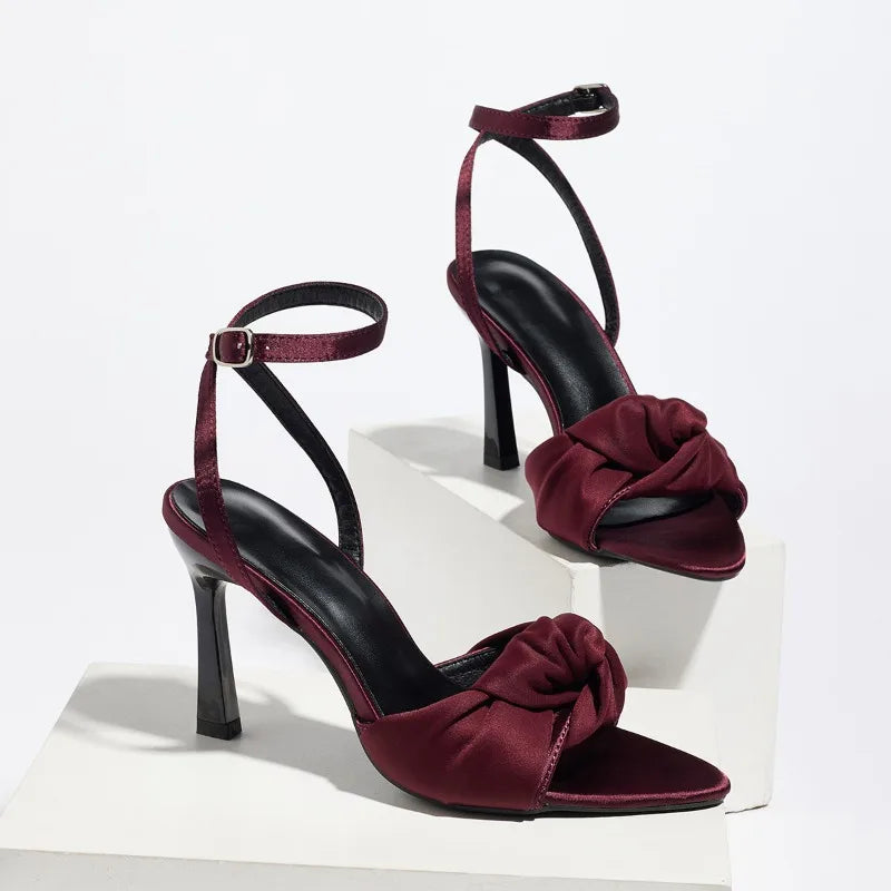 Sexy Pointed Toe High Heel Sandals Women Luxury Satin Ankle-Strap High Heels for Ladies Street-style Women's Sandals Summer 2026