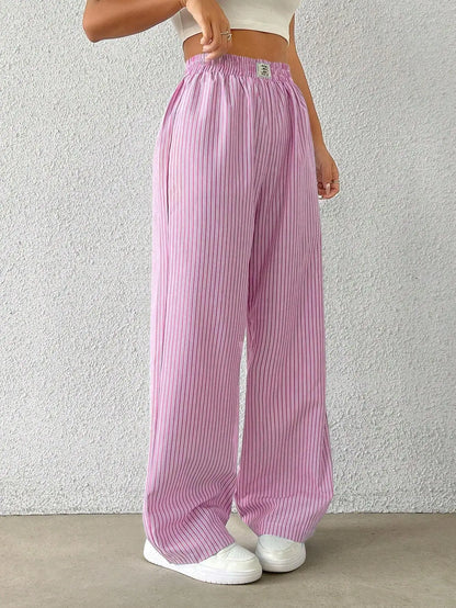 2026 Women's Casual Striped Woven Wide Leg Pants Fall Winter Casual Stylish Full Length Trousers Y2K Clothes Streetwear