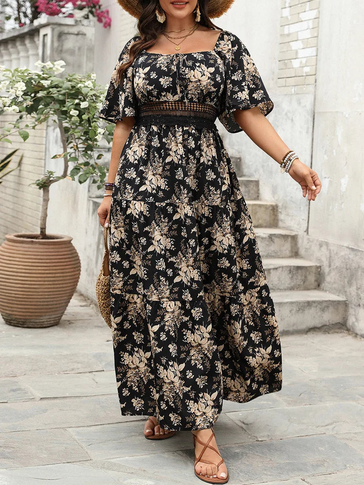 GIBSIE Plus Size Square Neck Floral Print Maxi Dress Women Summer 2026 Knot Front Hollow Out Boho Vacation Big Swing Dresses