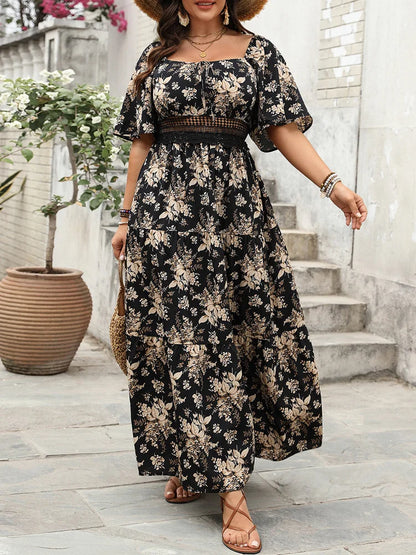 GIBSIE Plus Size Square Neck Floral Print Maxi Dress Women Summer 2026 Knot Front Hollow Out Boho Vacation Big Swing Dresses