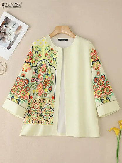 ZANZEA Bohemian Floral Printing Women Cardigan Autumn 2025 O-Neck Long Sleeve Open-Front Kimono Ethnic Style Woman Cover-Up Tops
