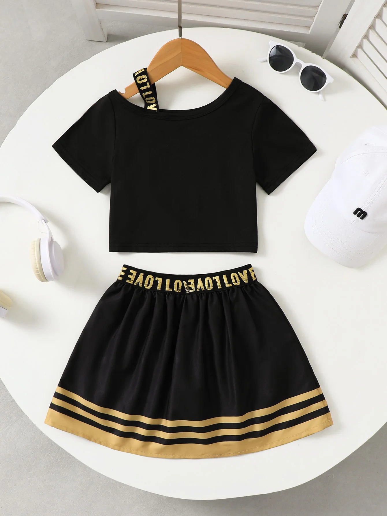 2pcs Girls' Elastic Strap Short Sleeve + Sports Skirt Set Spring Summer Casual Wear Fashionable Girls' Outfit