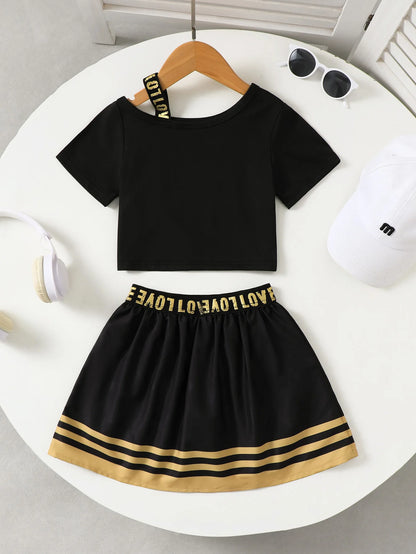 2pcs Girls' Elastic Strap Short Sleeve + Sports Skirt Set Spring Summer Casual Wear Fashionable Girls' Outfit