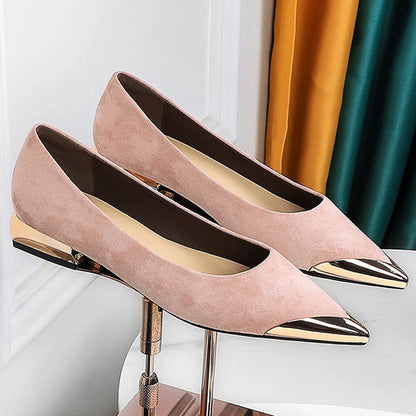 New Women Low Heeled Shoes Suede Ladies Shoes Metal Pointed Tip Women Shoes Comfort Female Shoes Low Heel Office Shoes 6 Color