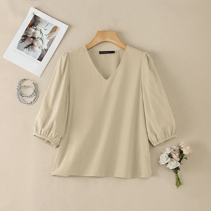 ZANZEA Women's Cotton Linen Breathable Blouses Casual V-Neck 3/4 Lantern Sleeves Solid Color Tops Everyday Wear Blusas de Mujer