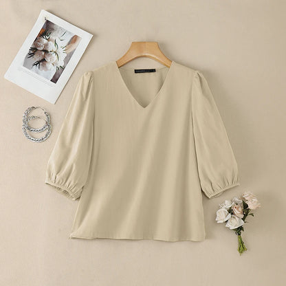 ZANZEA Women's Cotton Linen Breathable Blouses Casual V-Neck 3/4 Lantern Sleeves Solid Color Tops Everyday Wear Blusas de Mujer