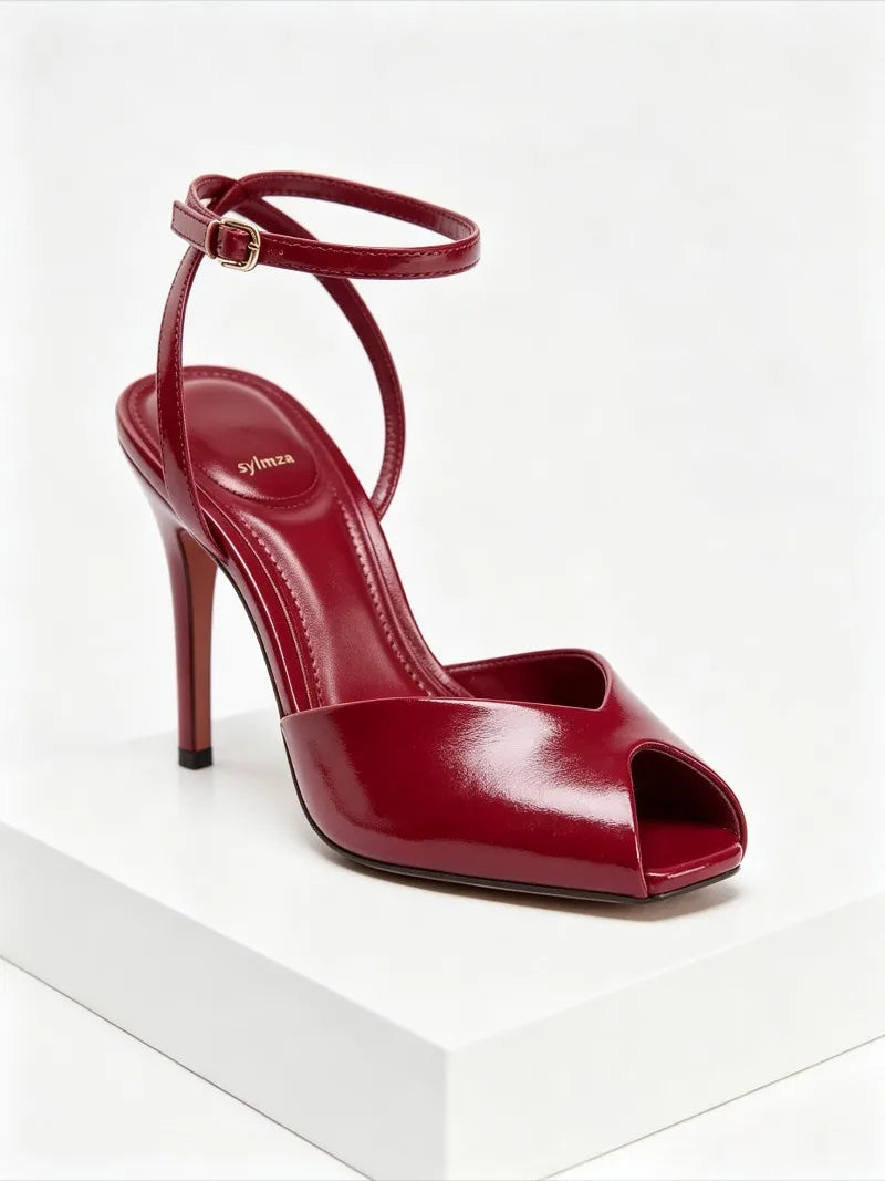 Red Soft Leather PU Ankle Strap Heeled Sandals Women Sexy Peep Toe High Heels Elegant Wedding Bridal Shoes Sandalias De Mujer