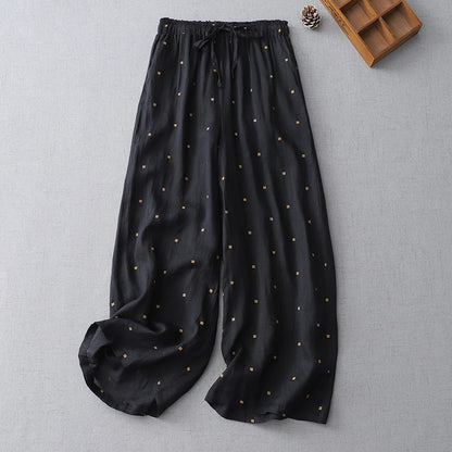 Casual Cotton Linen Pants Women Summer Style Elastic Waist Artistic Polka Dot Print Nine Point Pants Loose Fit Commute Style