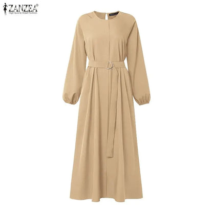 Modest Muslim Abaya Hijab Dresses ZANZEA Women Elegant O Neck Long Sleeve Belted Sundress Solid Color Loose Dubai Robe Ramadan