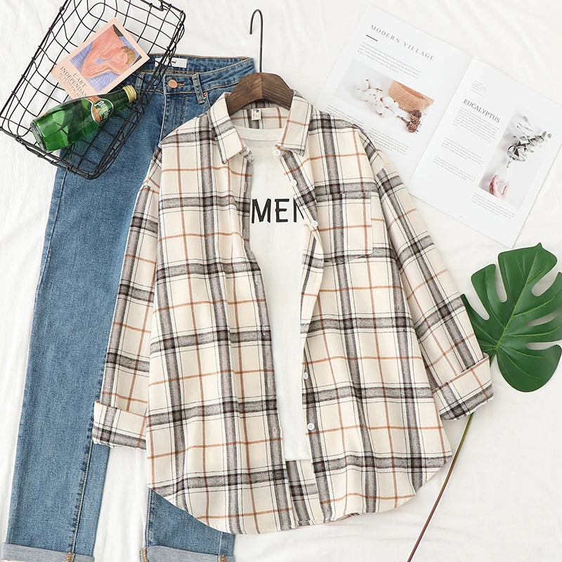Fresh Flannel Plaid Shirt Women 2026 New Female Blouses and Tops Cotton Loose Long Sleeve Casual Shirts Fine Women's Clothes