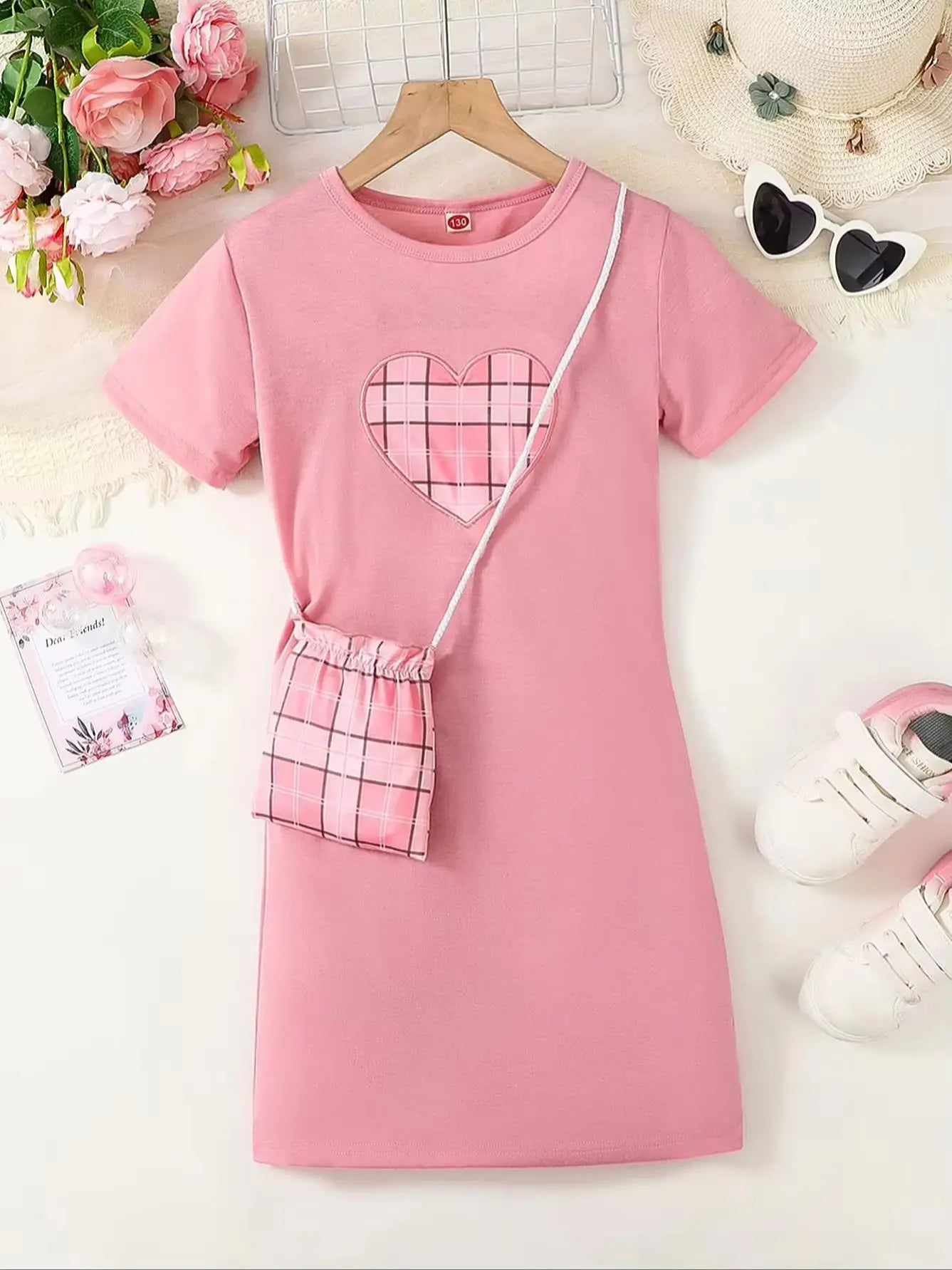 Casual Plaid Heart Patchwork Embroidery Dress for Girls with Short Sleeves Outdoor Scene Suitable Girls Dress with Crossbody Bag