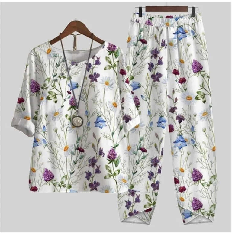 Summer Casual Two Piece Sets Women Loose Short Sleeve T-Shirt High Waist Pants Print Outfits Ladies Elegant Vintage top Pantsuit