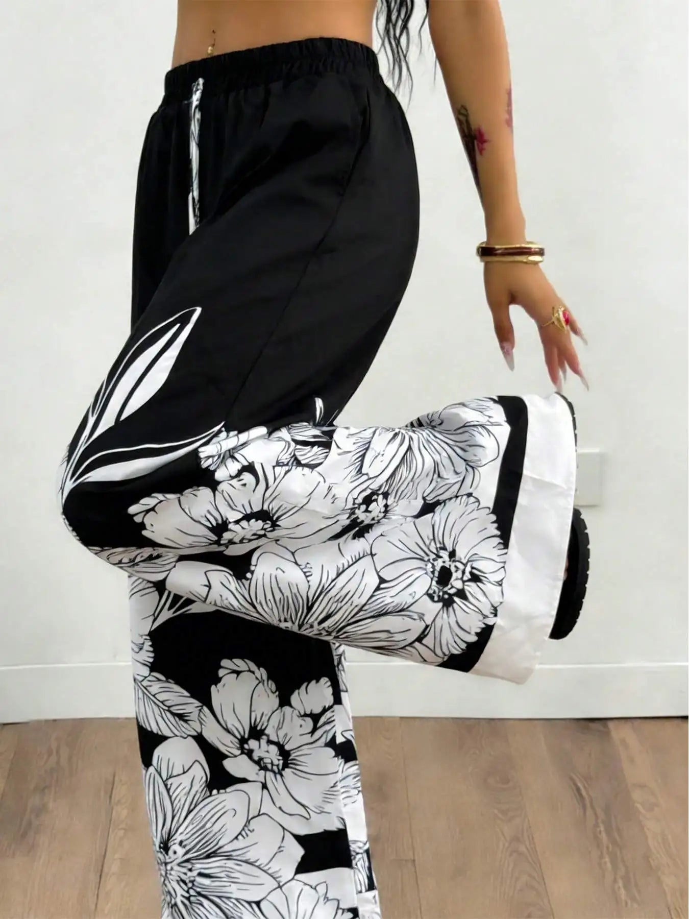 Large-Sized Printed Pants, Casual Tie Waist Wide-Leg Pants, Spring and Summer, Large-Sized Women's Clothing