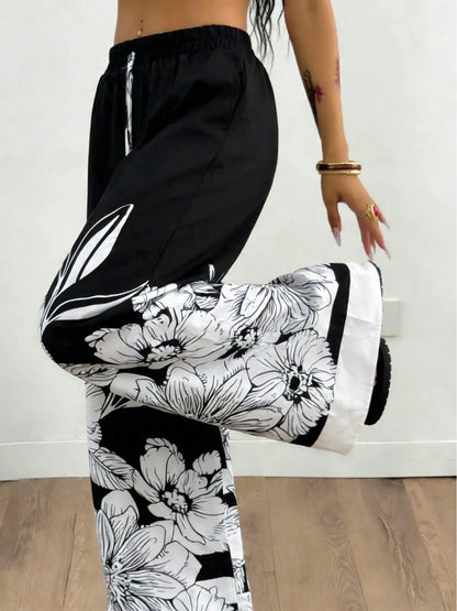 Large-Sized Printed Pants, Casual Tie Waist Wide-Leg Pants, Spring and Summer, Large-Sized Women's Clothing