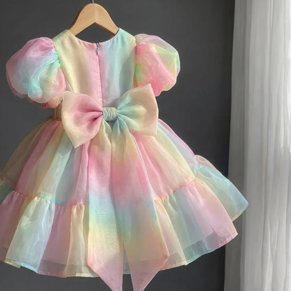 2026 Summer Girls Puff Sleeve Mesh Princess Dresses Sweety Bow Kids Wedding Clothing 1-10years Old Baby Girls Birthday Party Dre