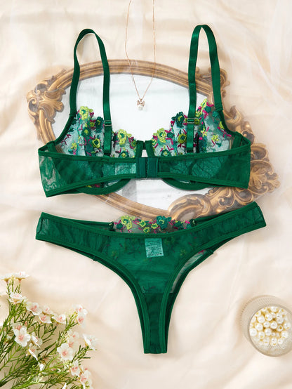Green Floral Embroidery Lingerie Set 2PCS Sheer Mesh Bra & Panty Women Sexy Underwear Gift ZA824026