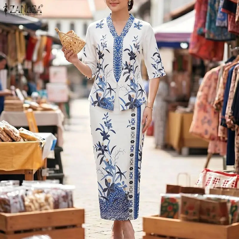 ZANZEA Elegant Women Dress Sets Ethnic Print V Neck Half Sleeve Blouse Sheath Maxi Long Skirt Suit Stylish Work Outfits 2 Pieces