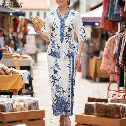 ZANZEA Elegant Women Dress Sets Ethnic Print V Neck Half Sleeve Blouse Sheath Maxi Long Skirt Suit Stylish Work Outfits 2 Pieces