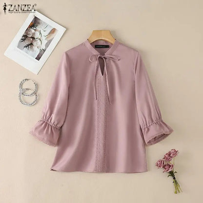 ZANZEA Women Elegant Lace Paneled Blouses Lace-Up V-Neck 3/4 Sleeves Tops Summer Daily Casual Solid Color Blusas de Mujer