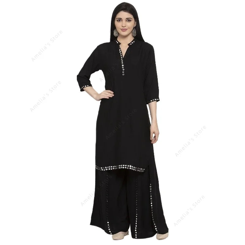 Indian Dress Women's Black Mirror Work Kurta Sharara Set Elegant Ethnic Suit for Party Festive Wear Pakistani