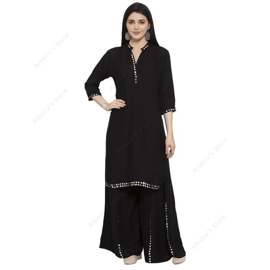 Indian Dress Women's Black Mirror Work Kurta Sharara Set Elegant Ethnic Suit for Party Festive Wear Pakistani
