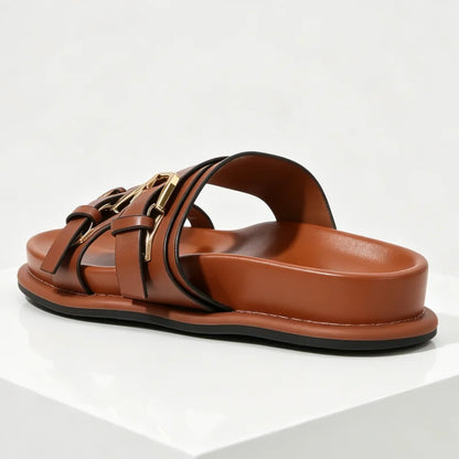 Retro Metal Belt Buckle Detail Flat Slippers for Ladies Comfort Platform Slide Sandals Summer Sexy Open Toe Beach Designer Shoes
