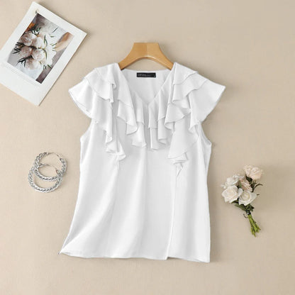 ZANZEA Women Layered Ruffles Blouses Elegant V-Neck Sleeveless Solid Color Top Summer Minimalist Casual Graceful Blusas de Mujer