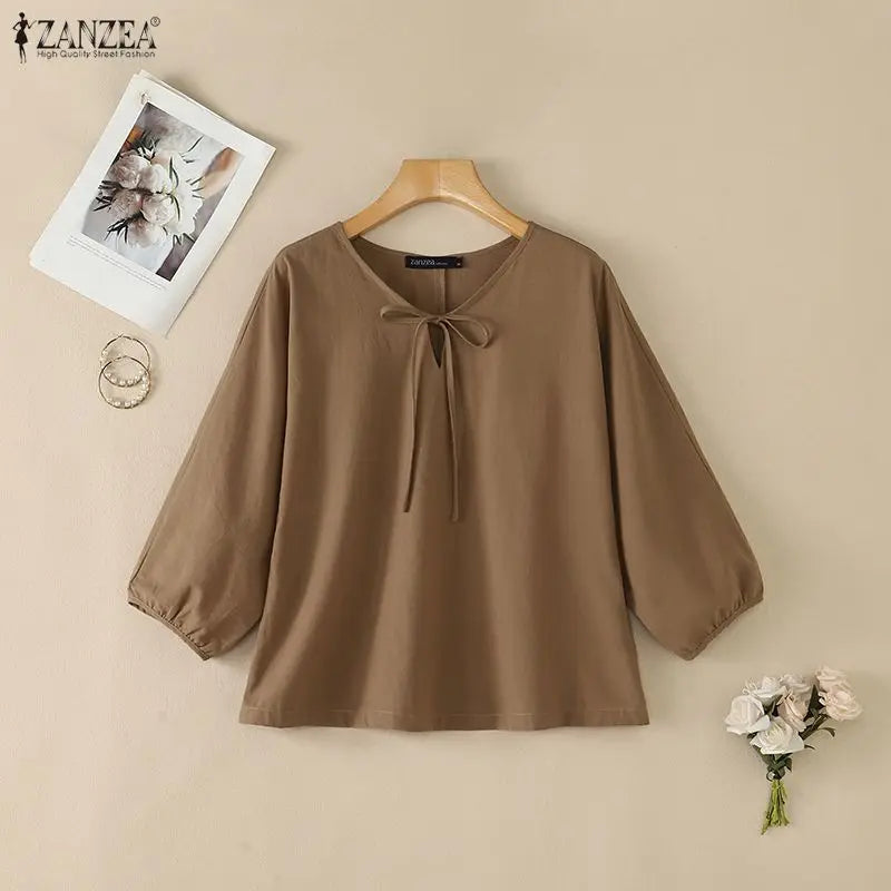 Summer Autumn Solid Color Tops ZANZEA Casual V Neck Blusas Women Blouse OL Work Tee 3/4 Sleeve Tunic Lace-up Streetwear Oversize