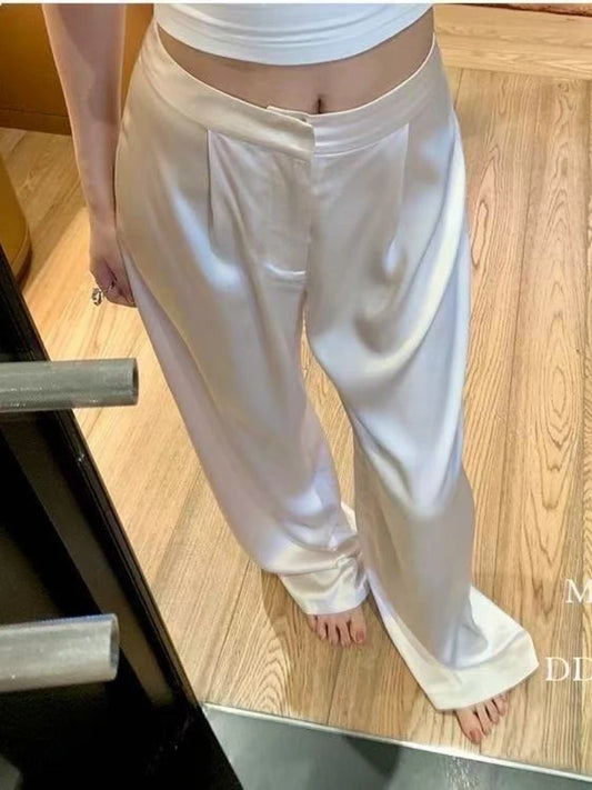 New Satin Wide Leg Pants for Women Summer High Waist Fashion Loose Casual Pants Simple All-match Straight Long Trousers 2026